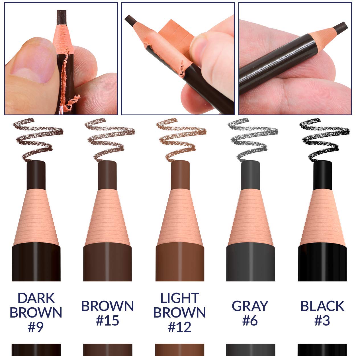 12 Piece Eyebrow Pencil for Marking, Filling and Lining, 5 Colors