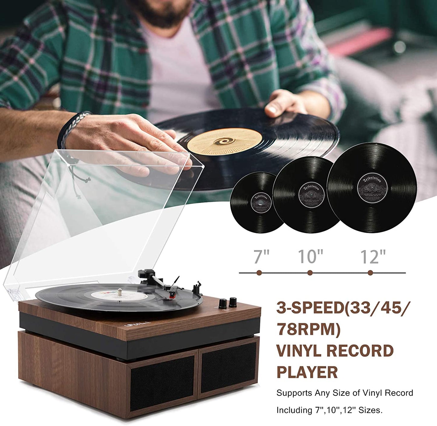 1 Turntable with Bluetooth input and external speakers, Red Wood