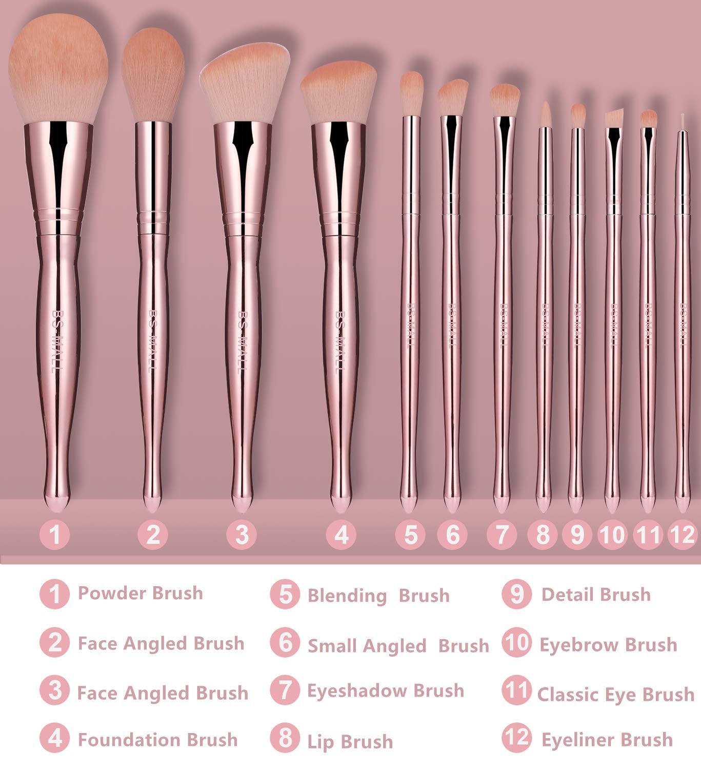 12 Piece Makeup Brush Set Premium Synthetic Base (Rose）