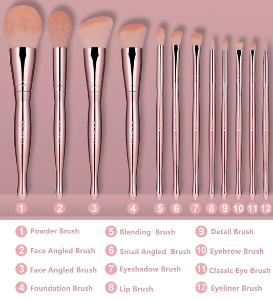 12 Piece Makeup Brush Set Premium Synthetic Base (Rose）