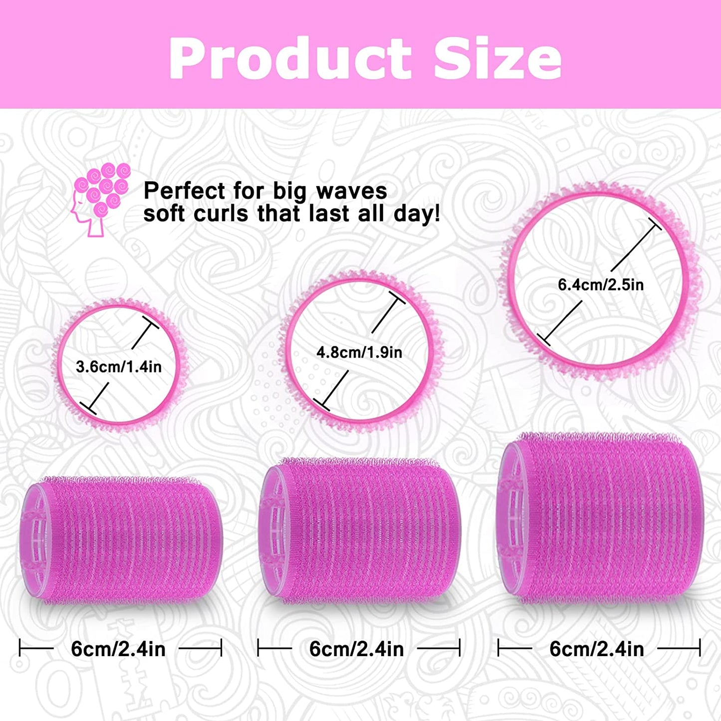 set of 18 heatless hair rollers, 3 sizes Color: Pink