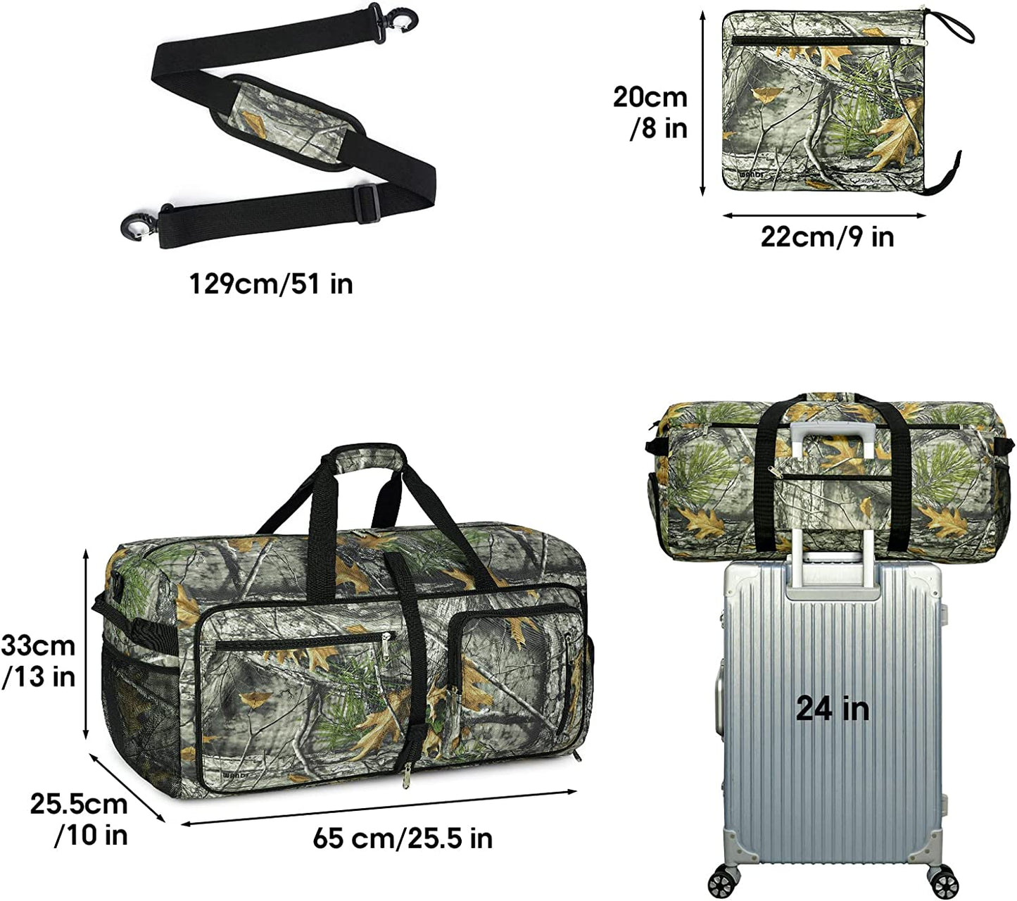 65L foldable duffel bag, 25.5*10*13in, color: camouflage