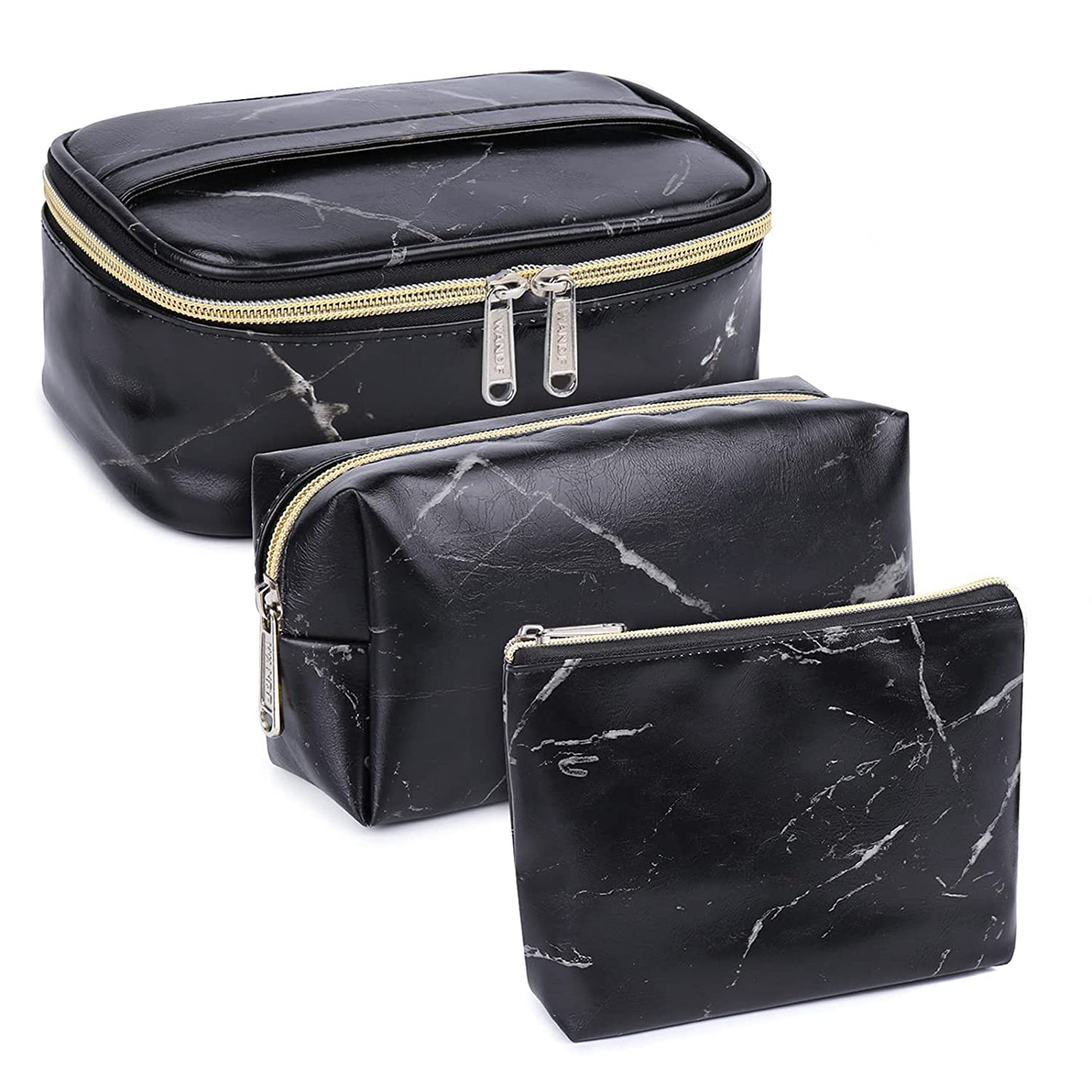 3-Piece Makeup Case, Waterproof Organizer, Black Marble