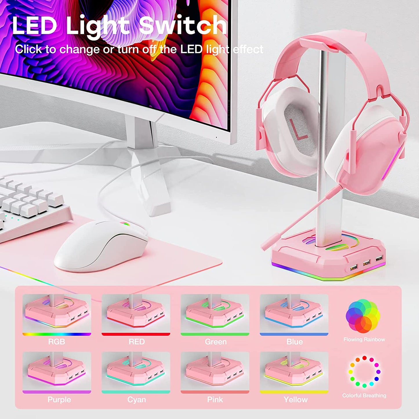 Headphone Stand with Three Ports and 9 Types of Lighting (Pink)