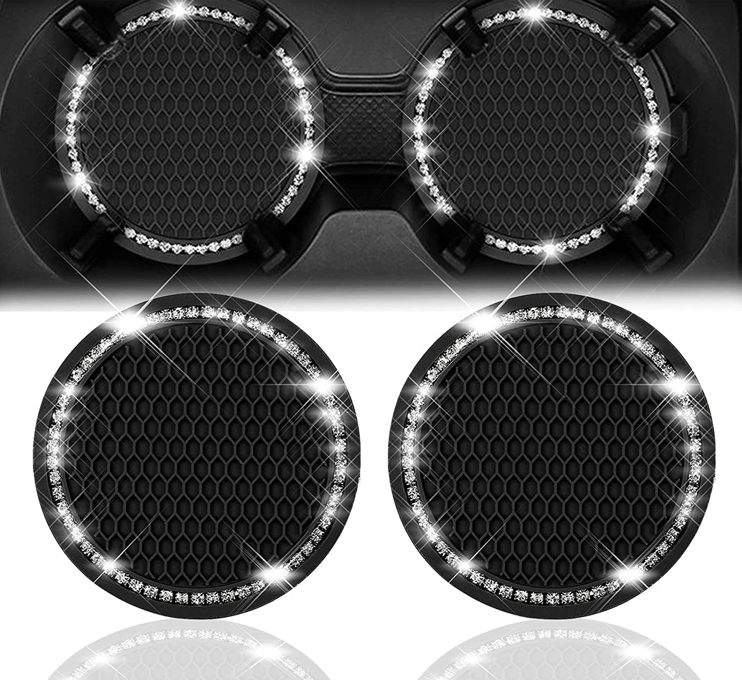 2 x Rhinestone Car Cup Holder Coasters (Black)