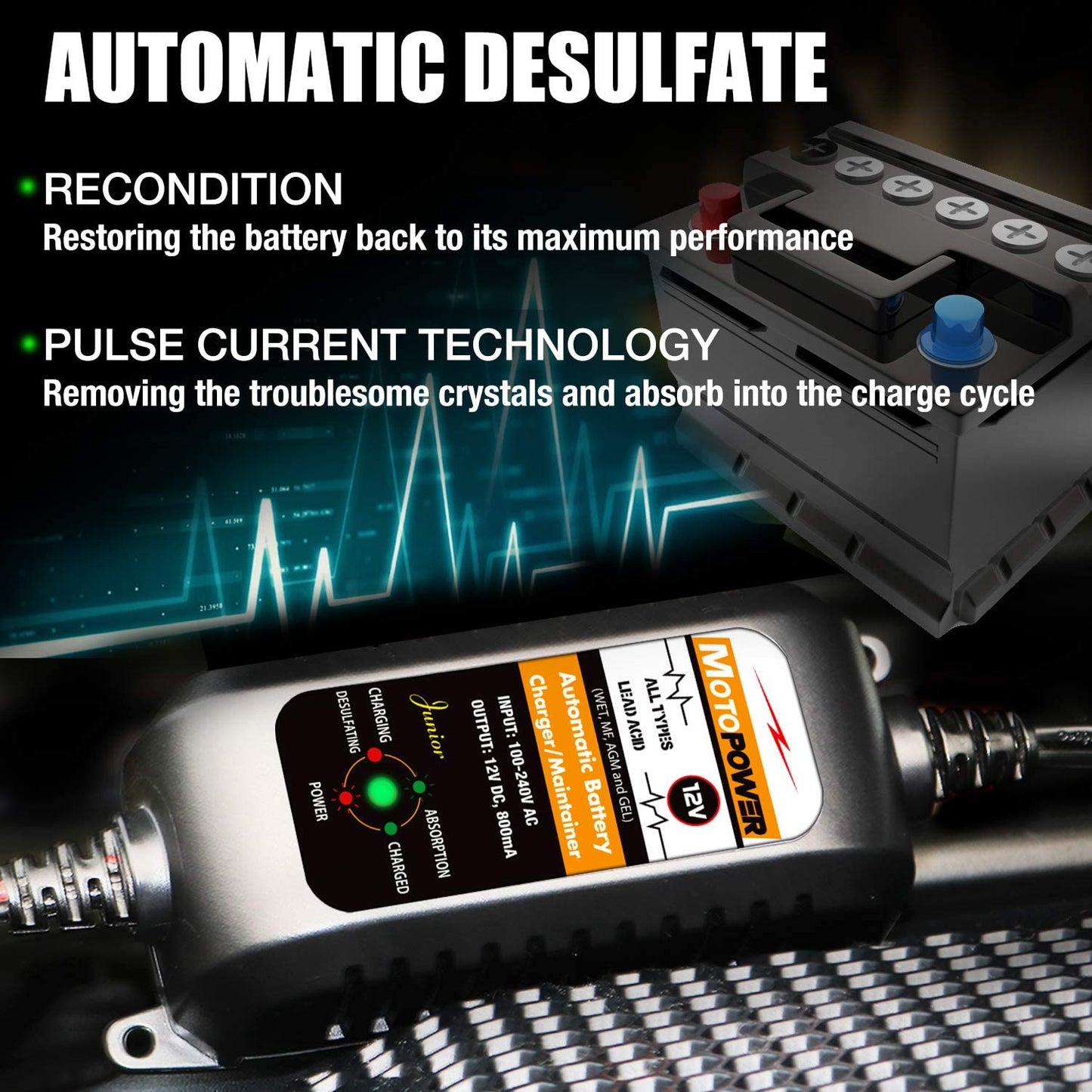 Automatic battery charger, slow charger and desulfator