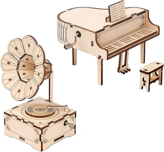 Wooden 3D Puzzle Piano and Gramophone with Crank