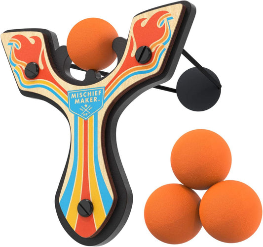 Wooden Slingshot & Foam Ball Racing Toy, (Orange Flames)