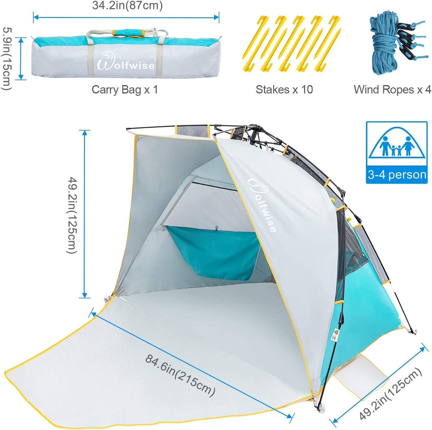 Easy roll-up beach tent for 3-4 people UPF 50+,Large