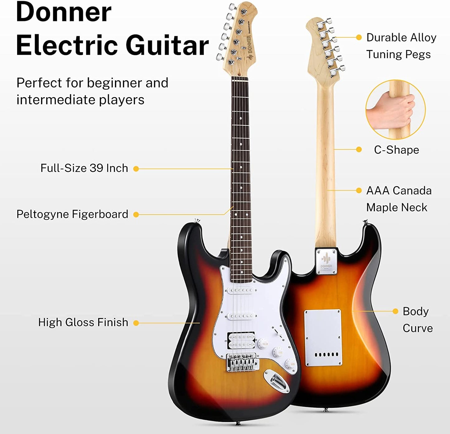 39 Inch, Full Size Electric Guitar, Kit Solid Body Sunburst