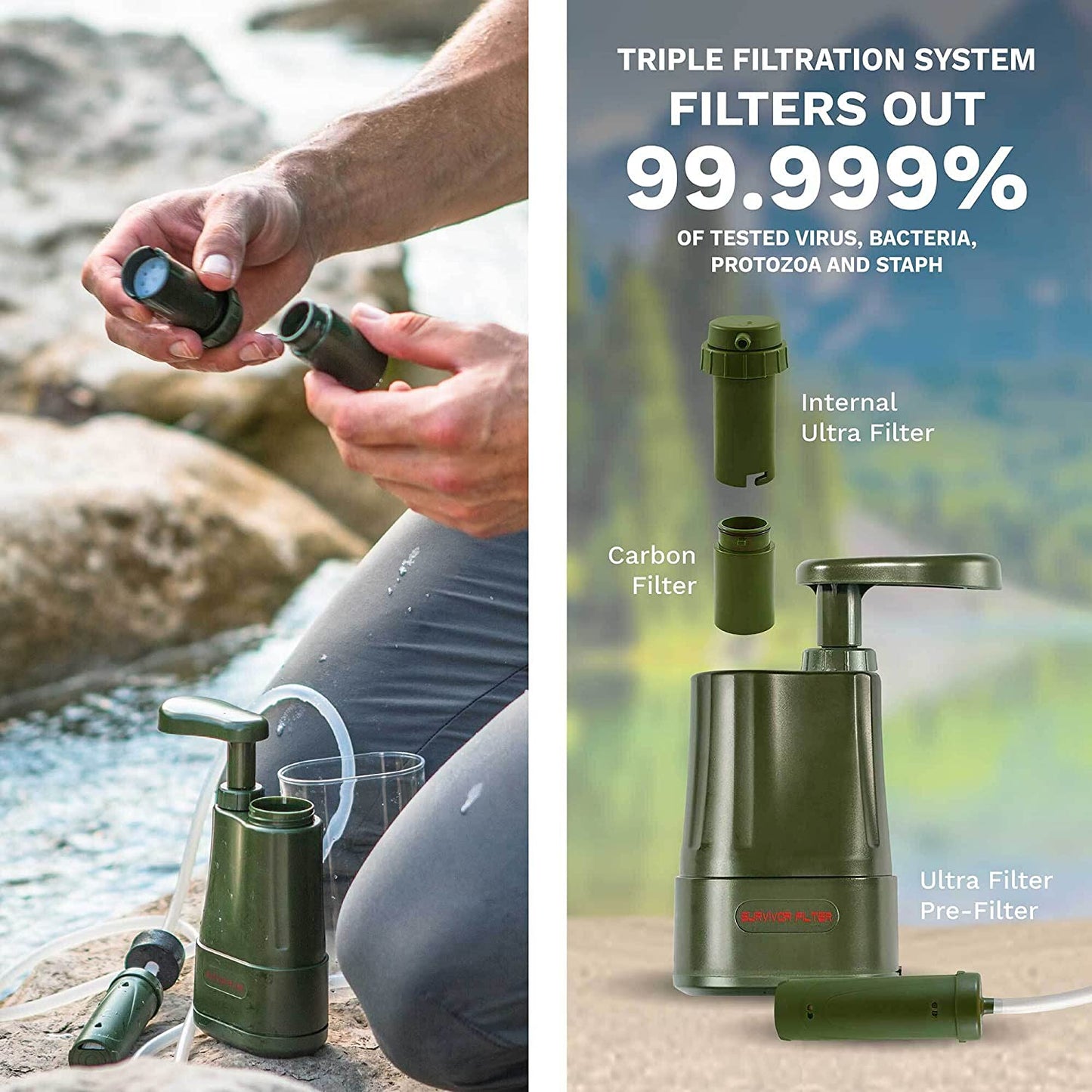 Lightweight Portable Water Filter with Hand Pump for Backpacking