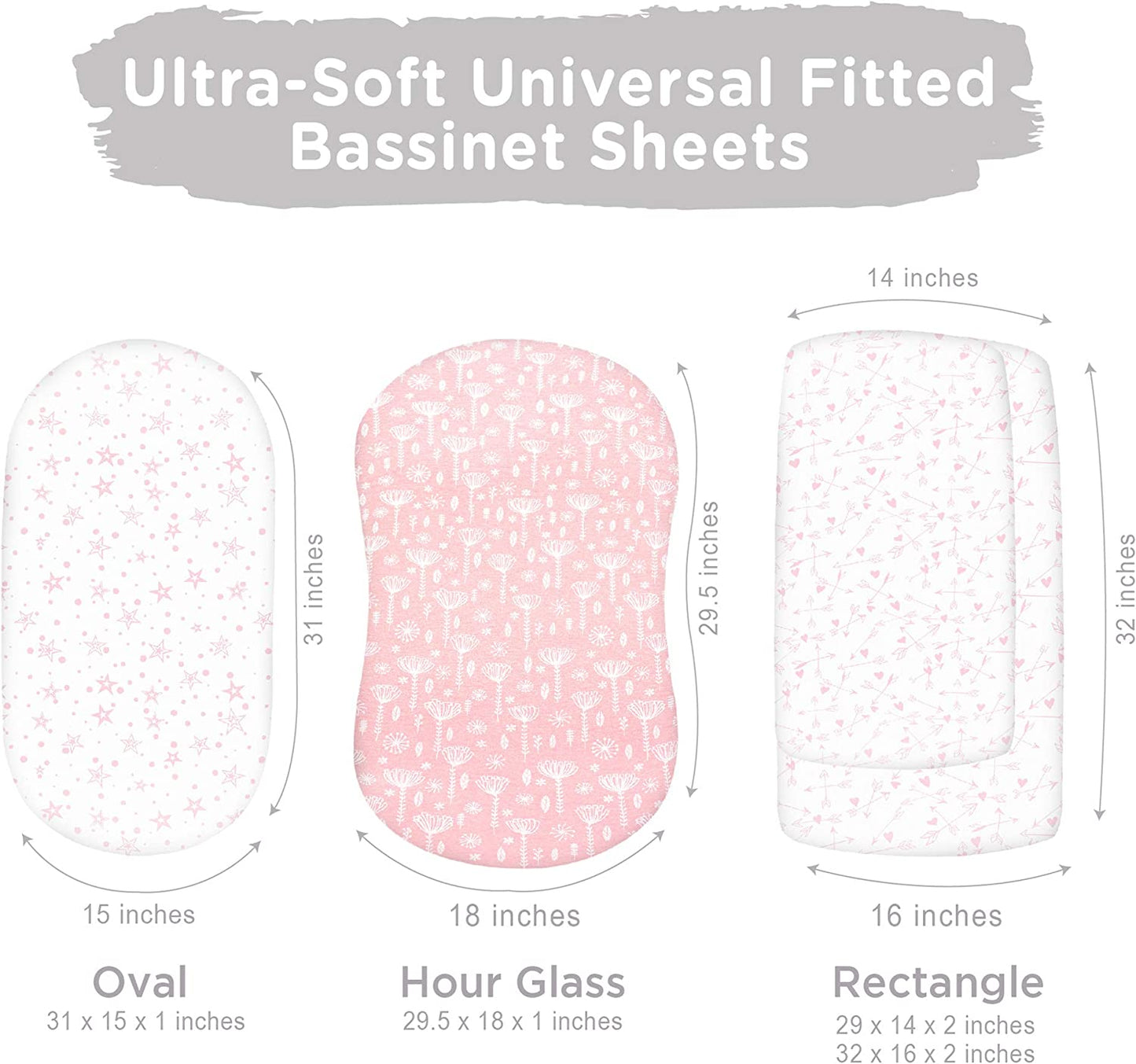 Bassinet Sheet Set, 3-Pack, 32" x 16" x 4", Pink Stars