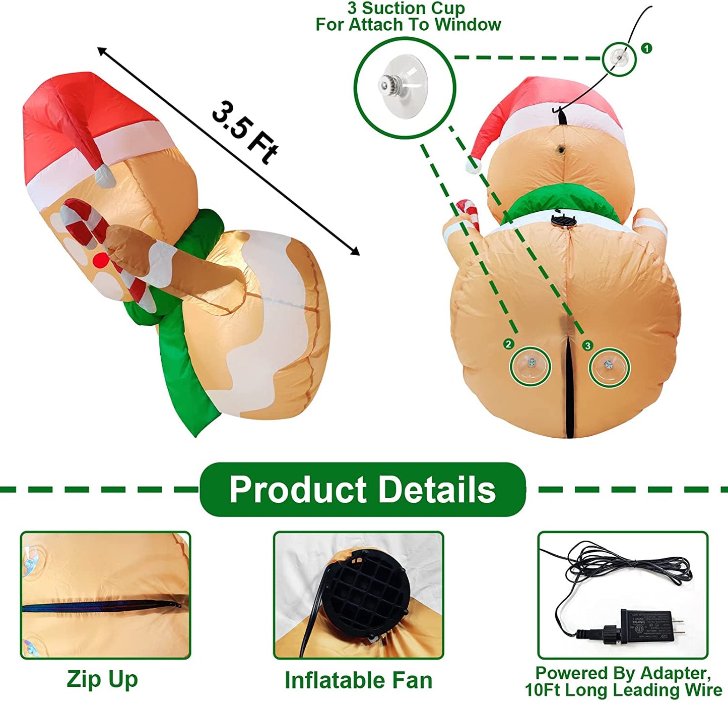 3.5ft Christmas inflatable with LED lights, Gingerbread Santa