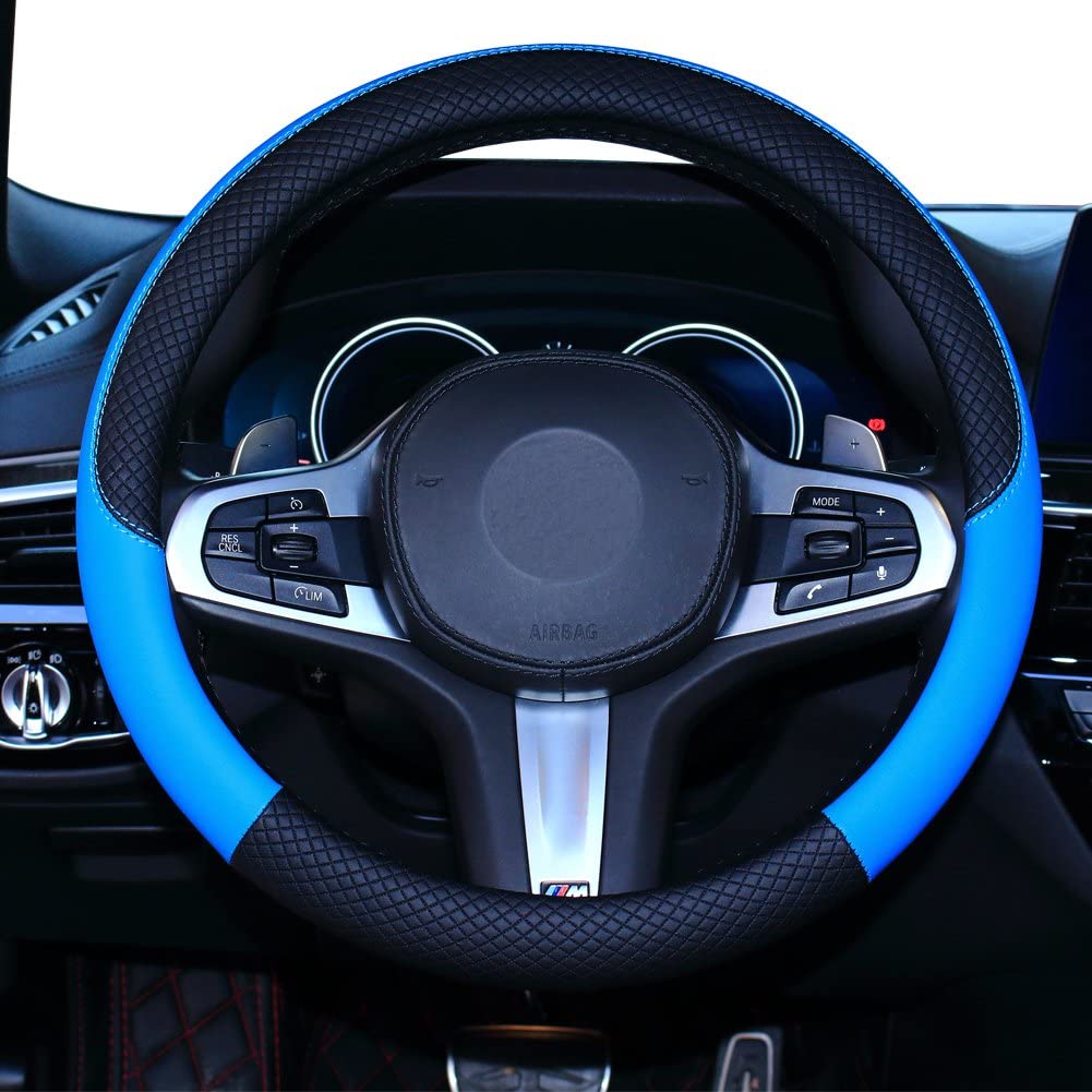 Leather Car Steering Wheel Cover, Universal Fit (Black and Blue)