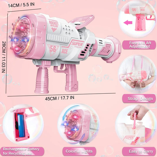 Bubble Machine, 56 Rotating Holes with Colored Lights (Pink)