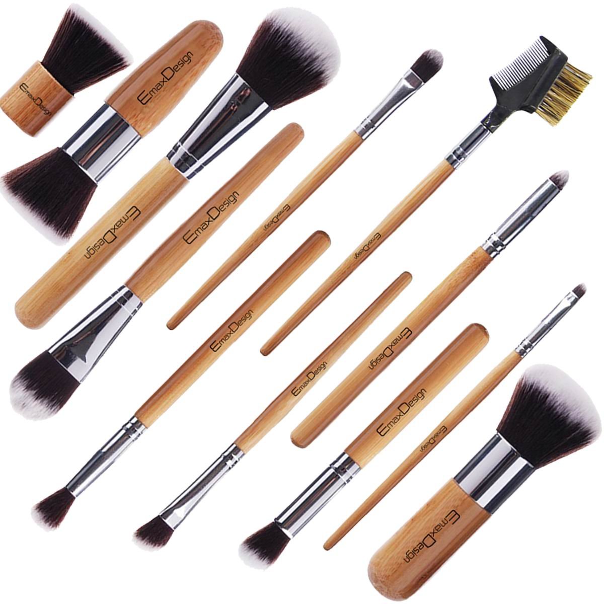 12 Piece Bamboo Handle Makeup Brush Set, Brush Set with Bag