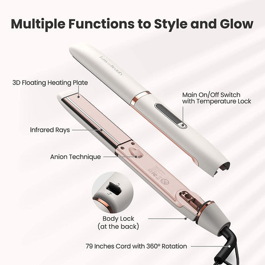 2-in-1 ceramic and tourmaline ionic hair straightener, white-gold