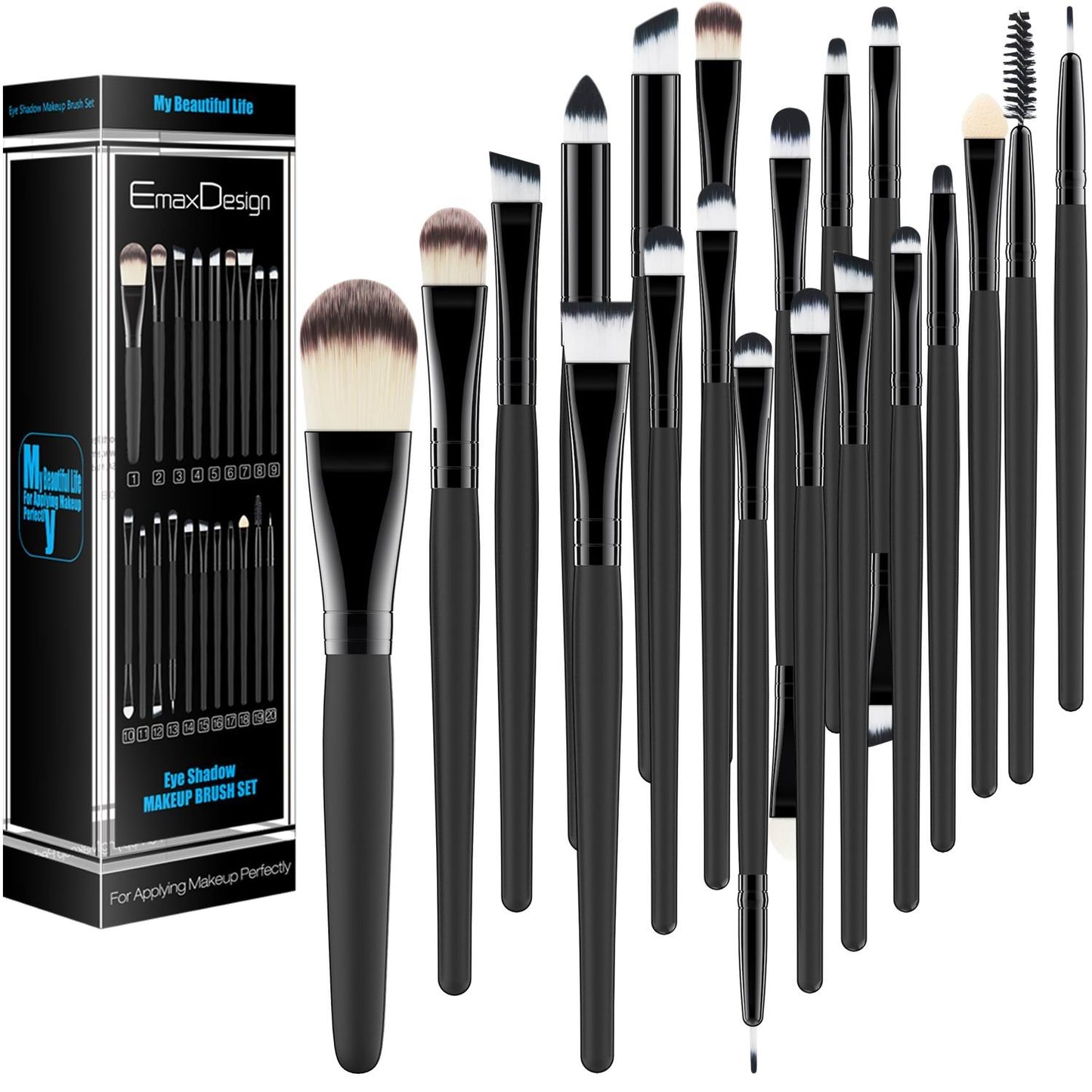 20 Piece Professional Makeup Brush Set, Black Handle