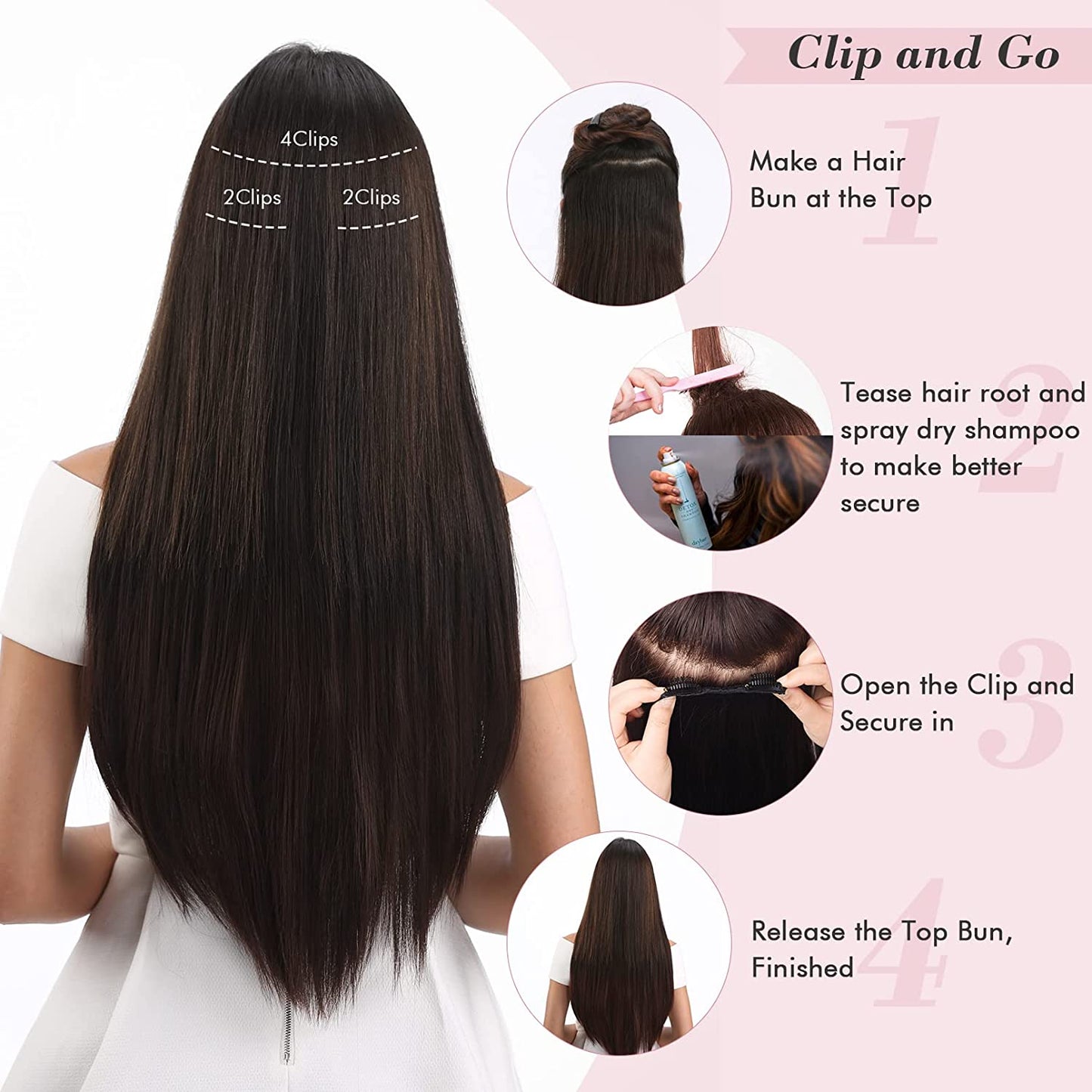 Set of 3 clip-in hair extensions, Black Brown-Straight, 26 Inch