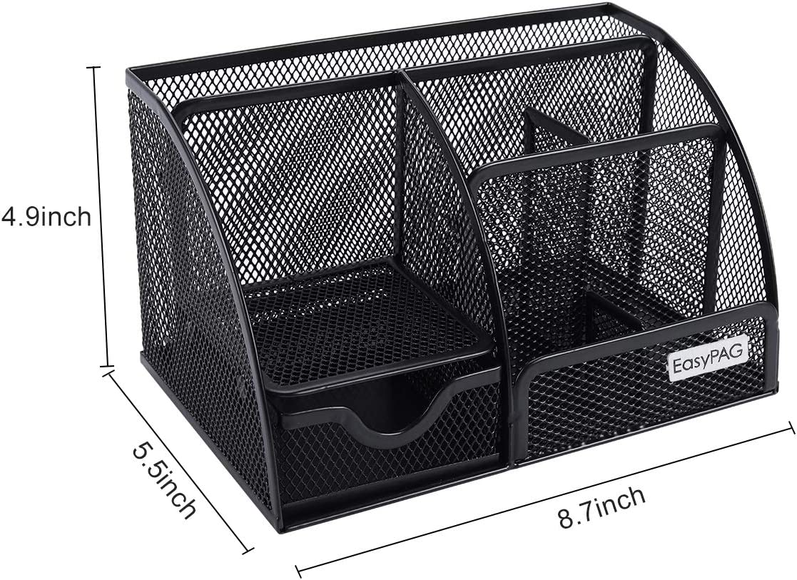 Mesh desk organizer with 6 compartments and 1 sliding drawer.