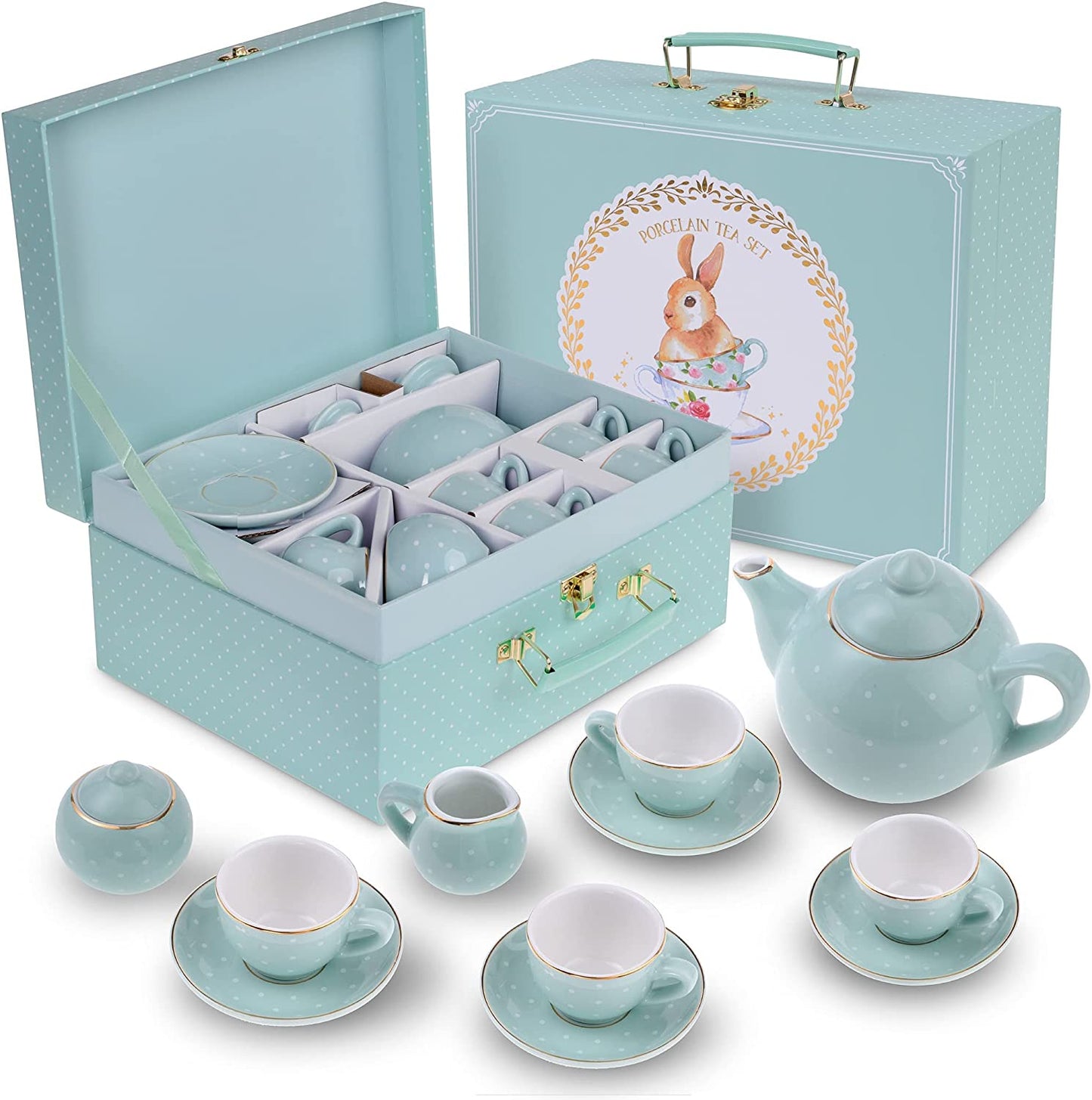 Blue Polka Dot Girls Porcelain Tea Set 13 Pieces