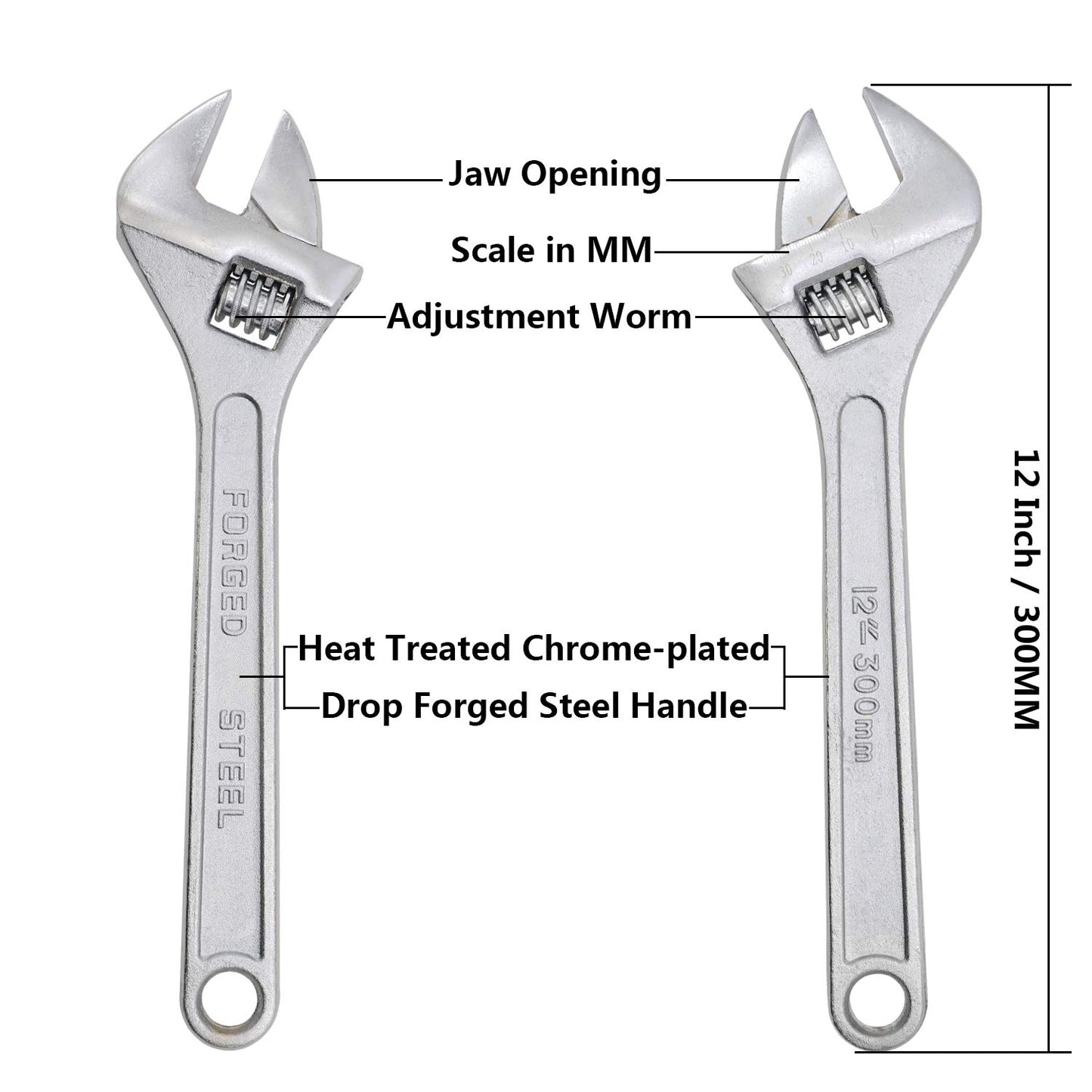 12 Inch Adjustable Wrench, 40mm Wide Jaw Opening, (Silver)