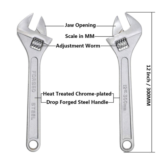 12 Inch Adjustable Wrench, 40mm Wide Jaw Opening, (Silver)