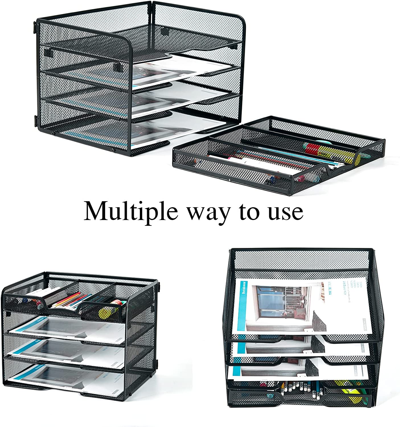 Tiered Mesh Tray Desktop File Organizer, (Color: Black)