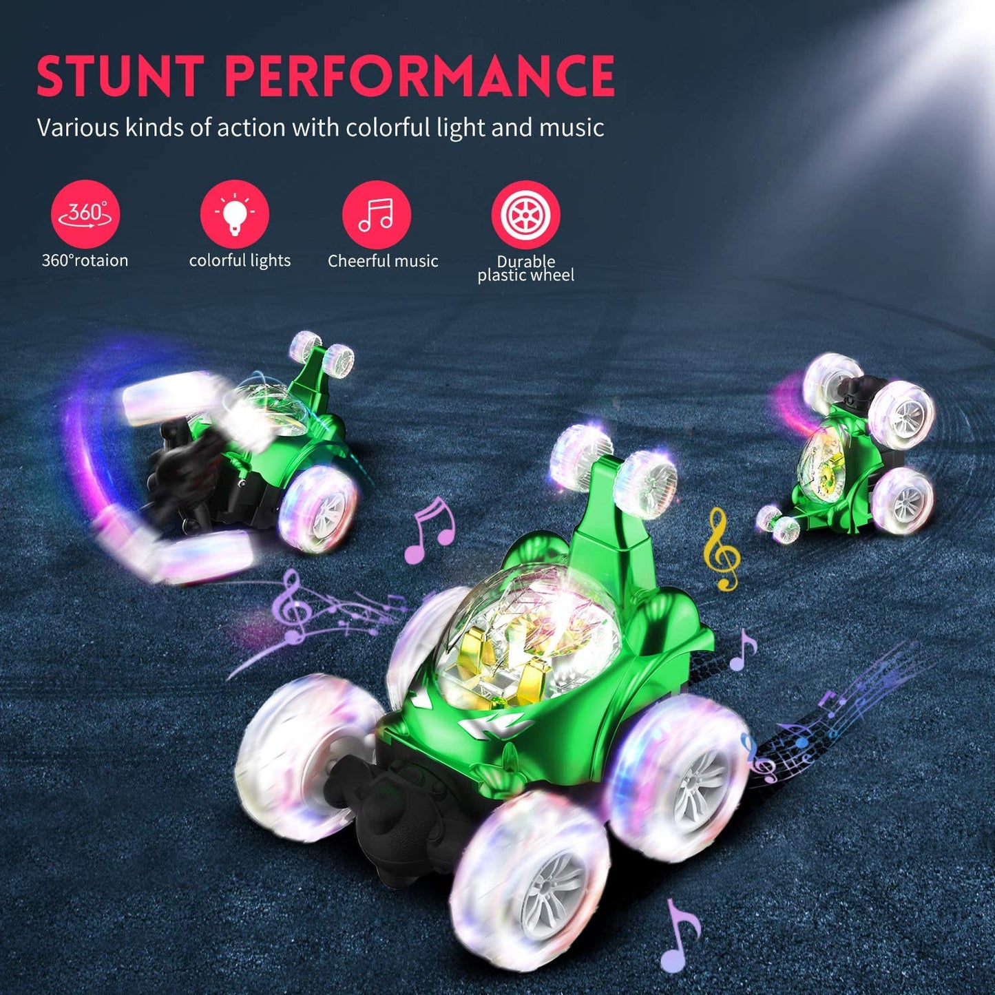 Rechargeable remote control car with lights and music, green