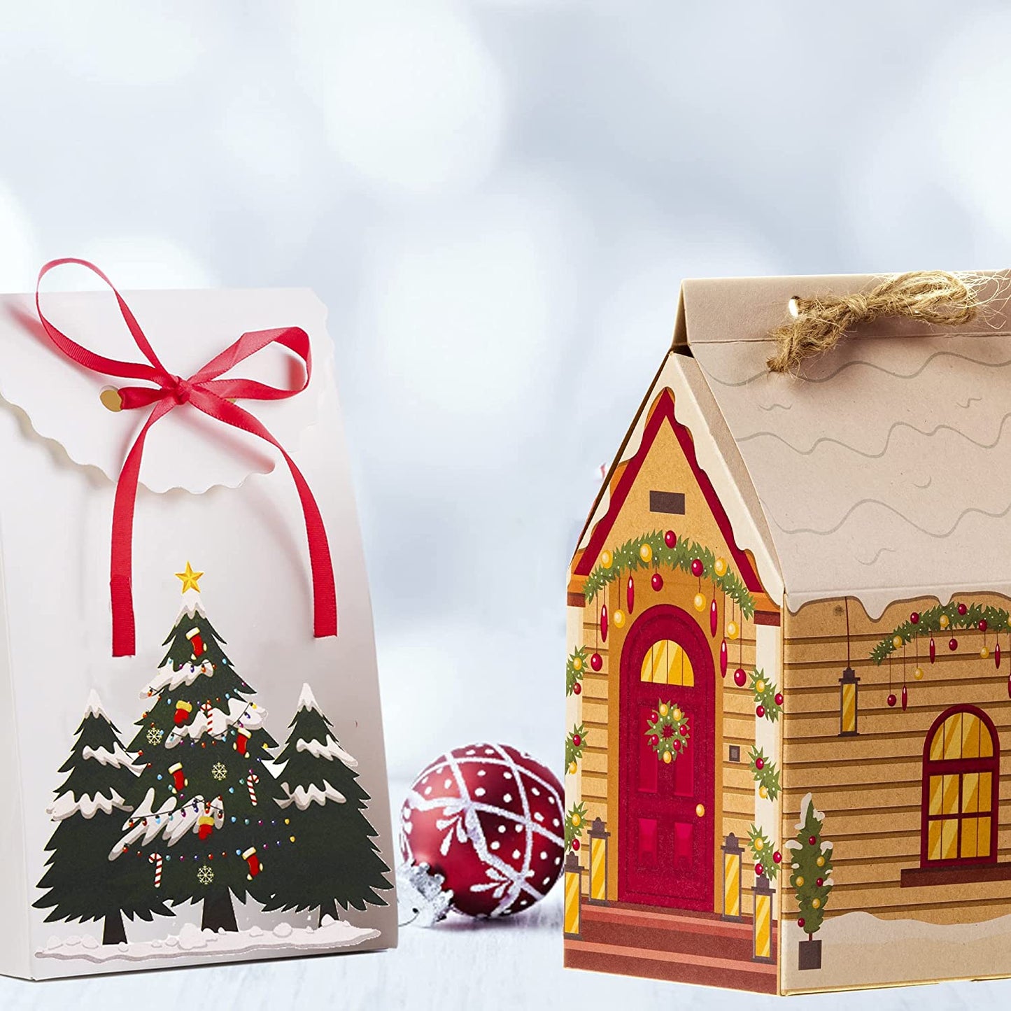 12 small premium designer Christmas gift bags with sturdy Christmas theme