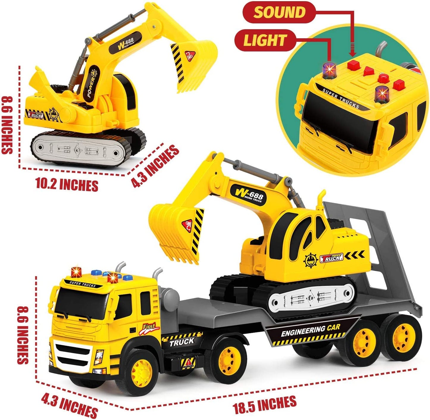 2-Pack Construction Toy Trucks, Flatbed Truck With Excavator