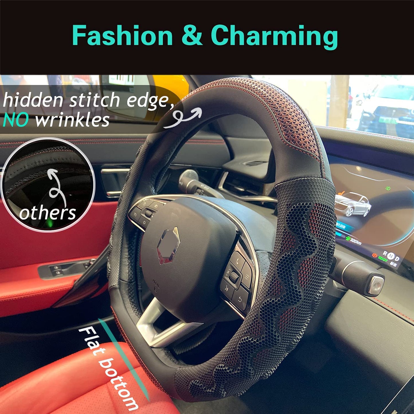 Black Honeycomb High Grip Steering Wheel Cover (Shaped, Wine Red)