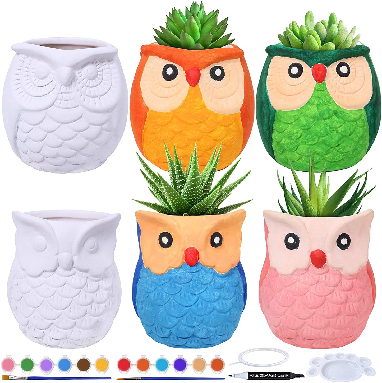 Unpainted Painting Owl Ceramic Flower Pots Craft Kit, 6 Pieces