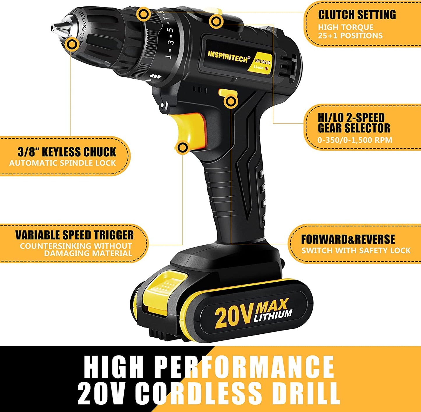 20V Cordless Drill (3/8") with 2 Batteries and Charger