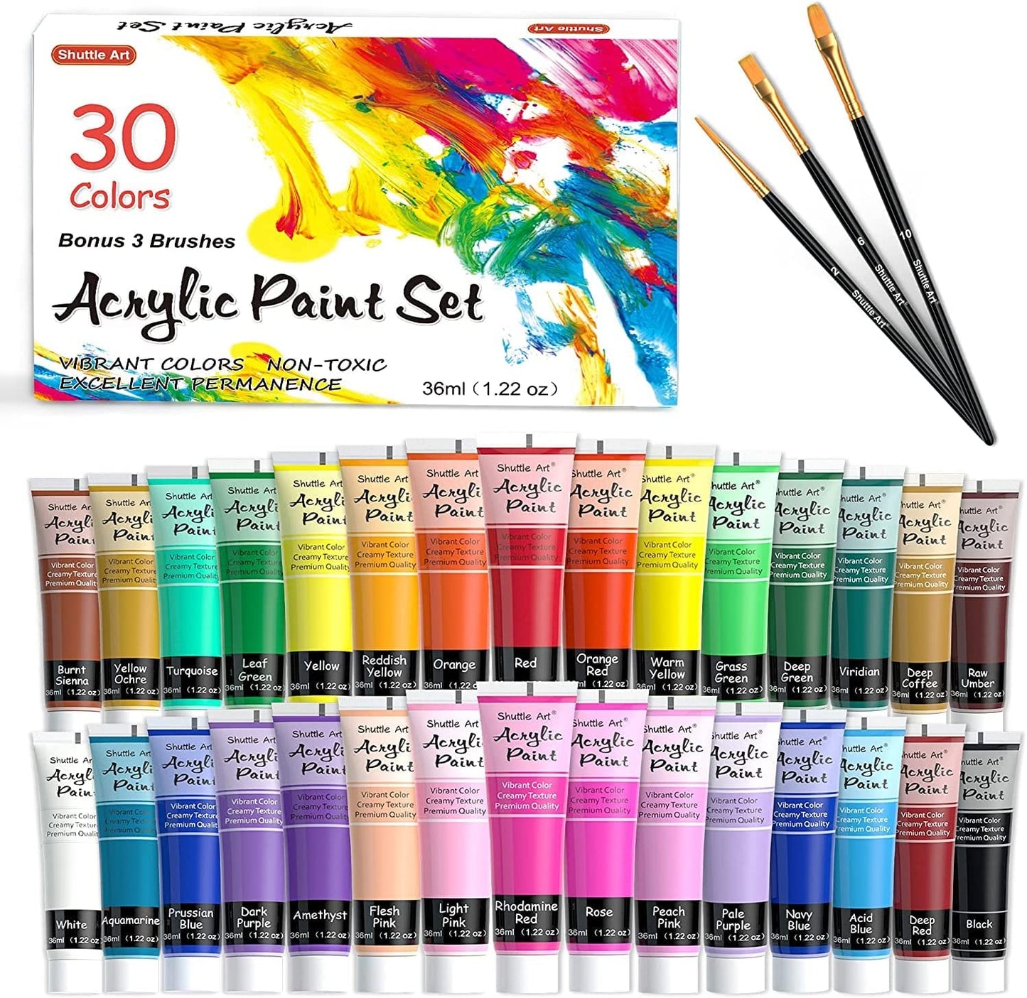 Acrylic paint set, 30 colors of acrylic paint in tubes (36 ml)