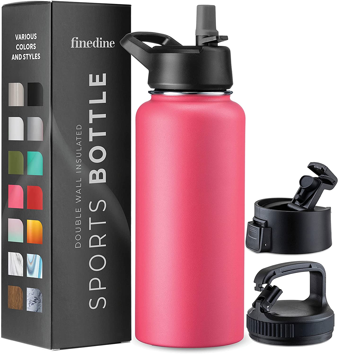 Insulated Water Bottle, 3 Lids - Striking French Rose (32oz)