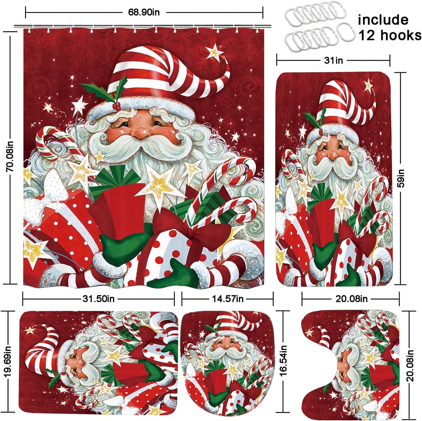 5 Sets Santa Claus Merry Christmas Rug Shower Curtain Sets