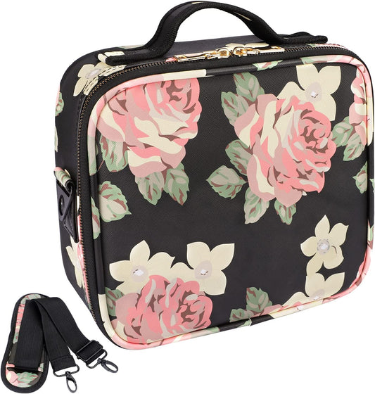 10.2-Inch Leather Makeup Case with Adjustable Strap, Flowers