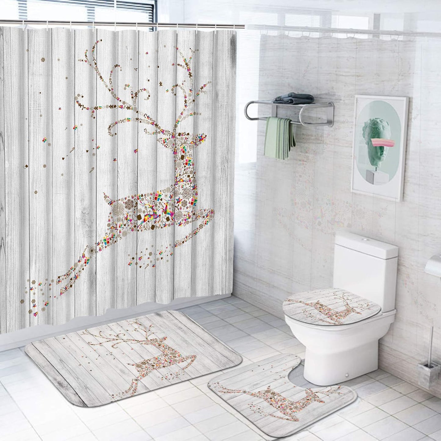 Christmas Reindeer Shower Curtain Set of 4 with Non-Slip Rug