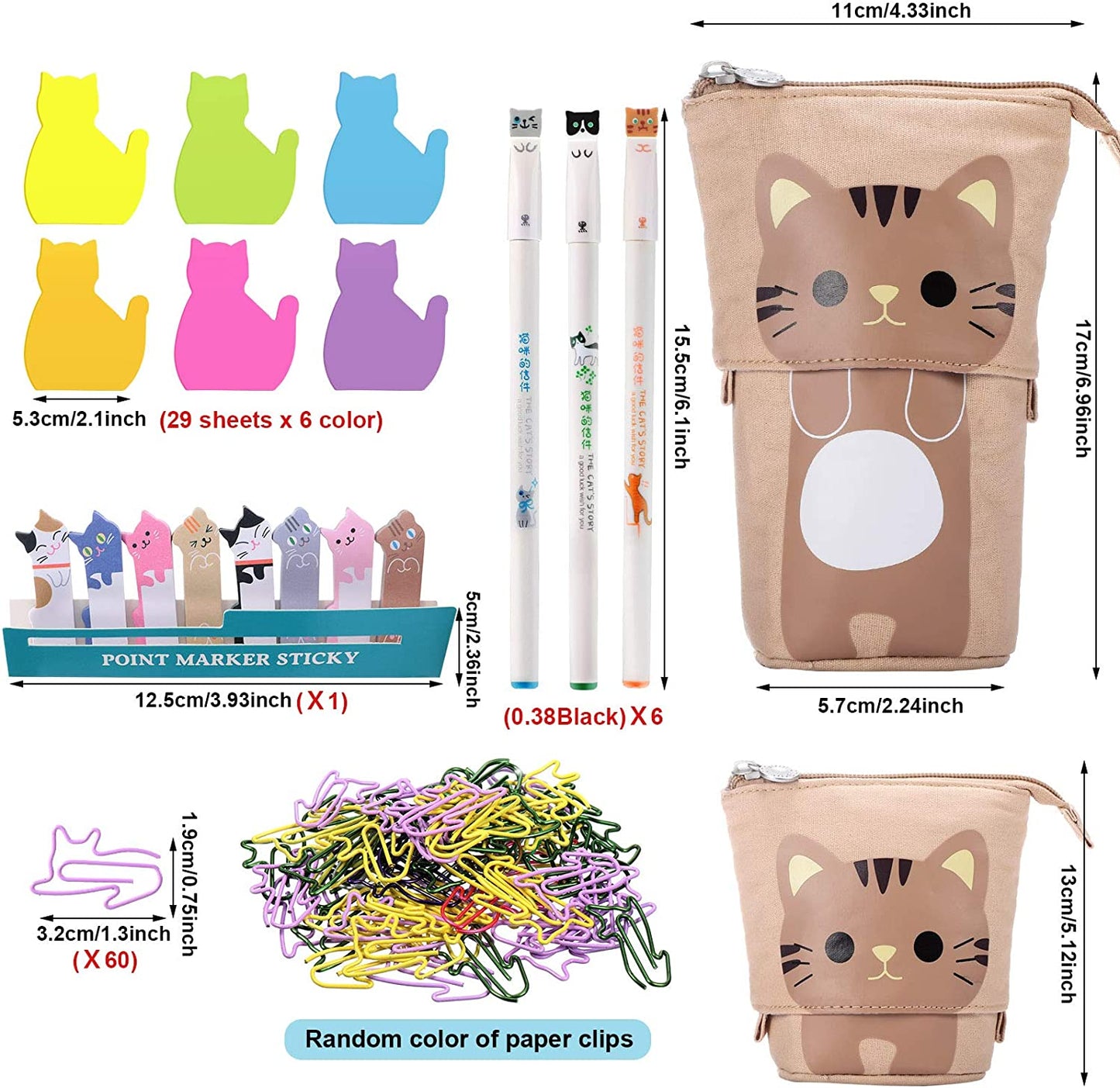 Office supplies kit (pencils, pens, clips) Adorable Brown Cat