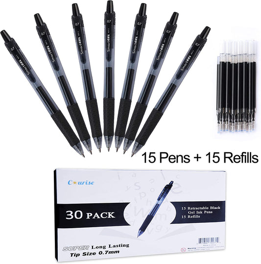 Pack of 30 black gel pens (15 pens with 15 refills)