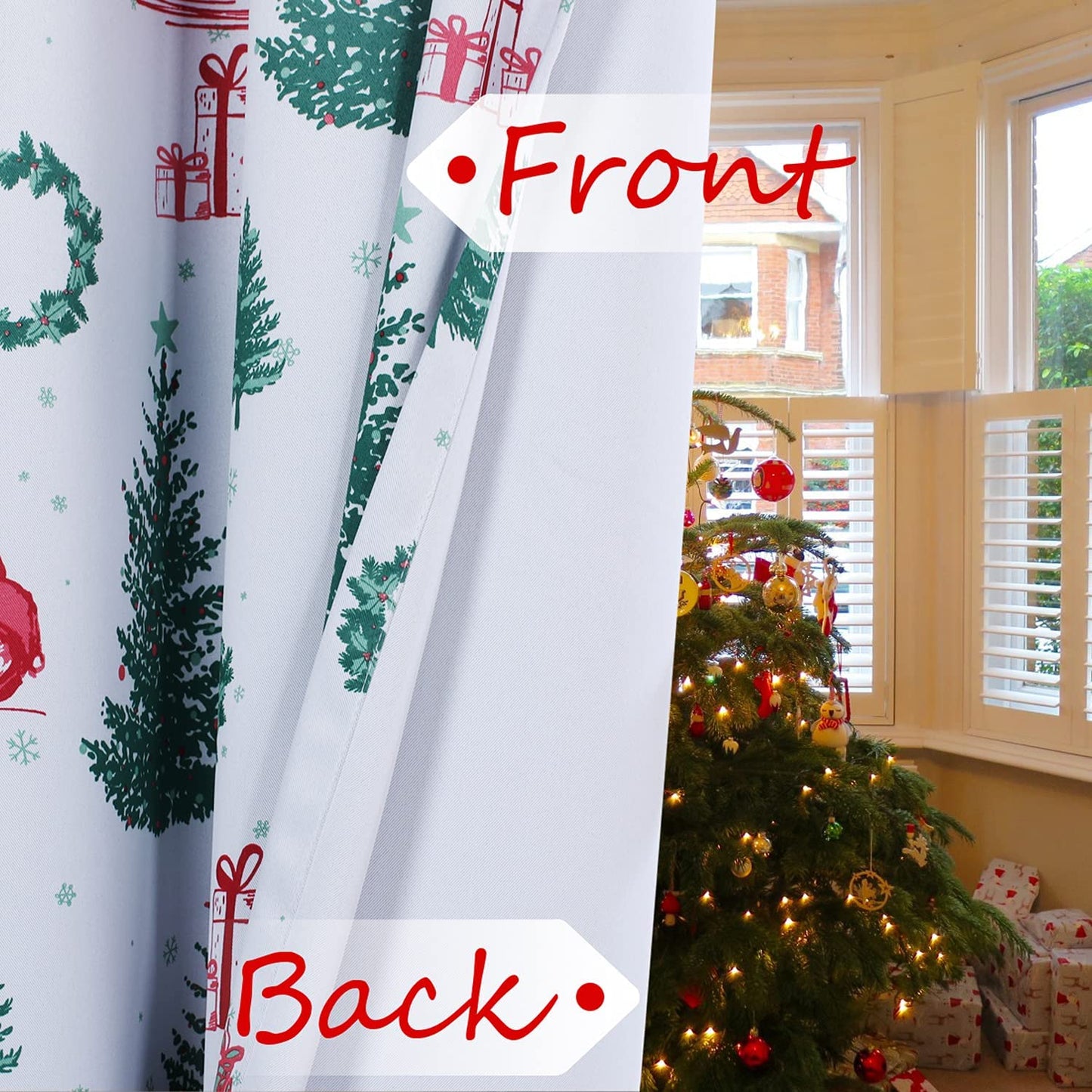 2 Christmas Tree Print Curtains, 52" x 108", Color: White