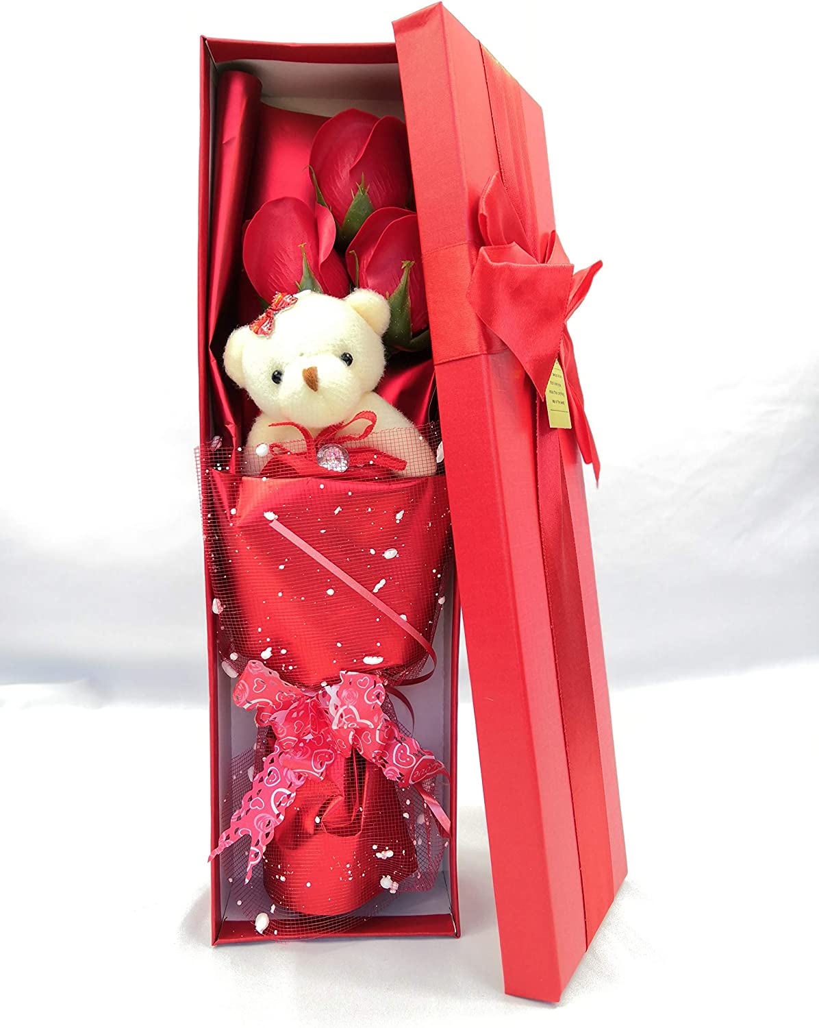 Gift box with cute teddy bear with 3 scented soap roses