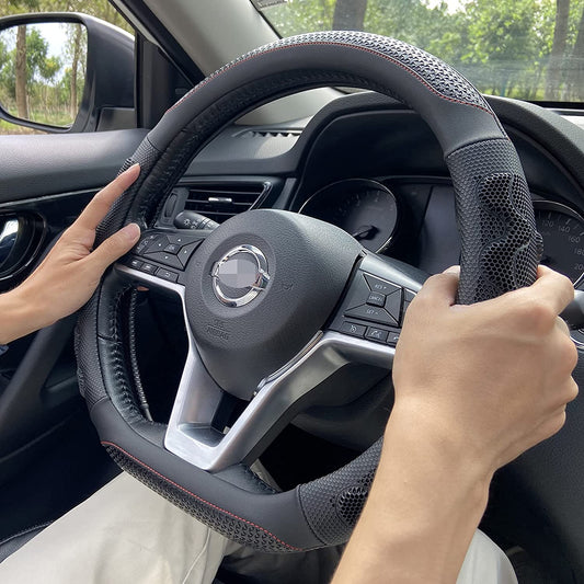 Black honeycomb high grip steering wheel cover (red trim)