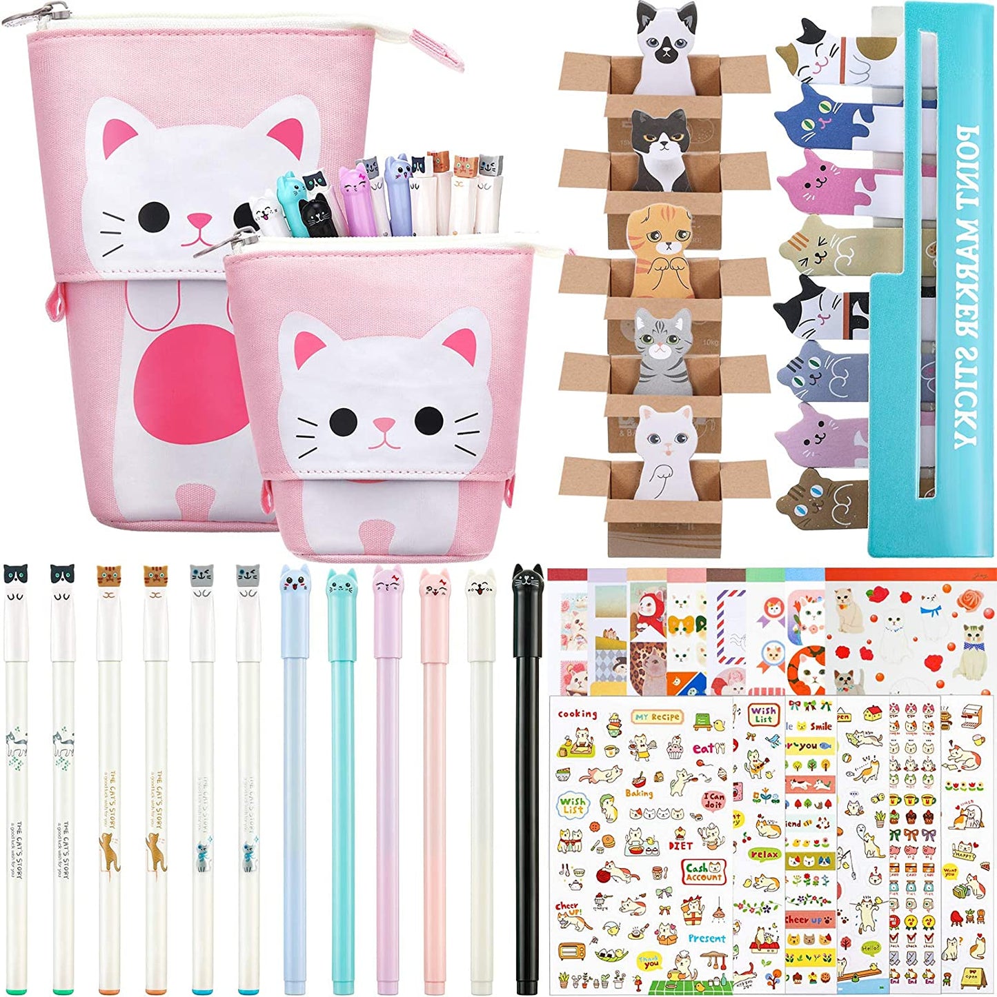 pencil holder, sticky notes, (pink cat style)