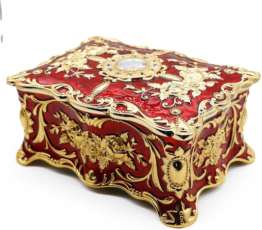 Vintage metal alloy jewelry box, color (Gold & Red)