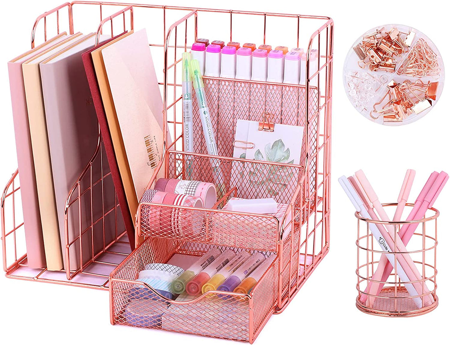 Desk organizer with 6 compartments, metal mesh, Rose Gold