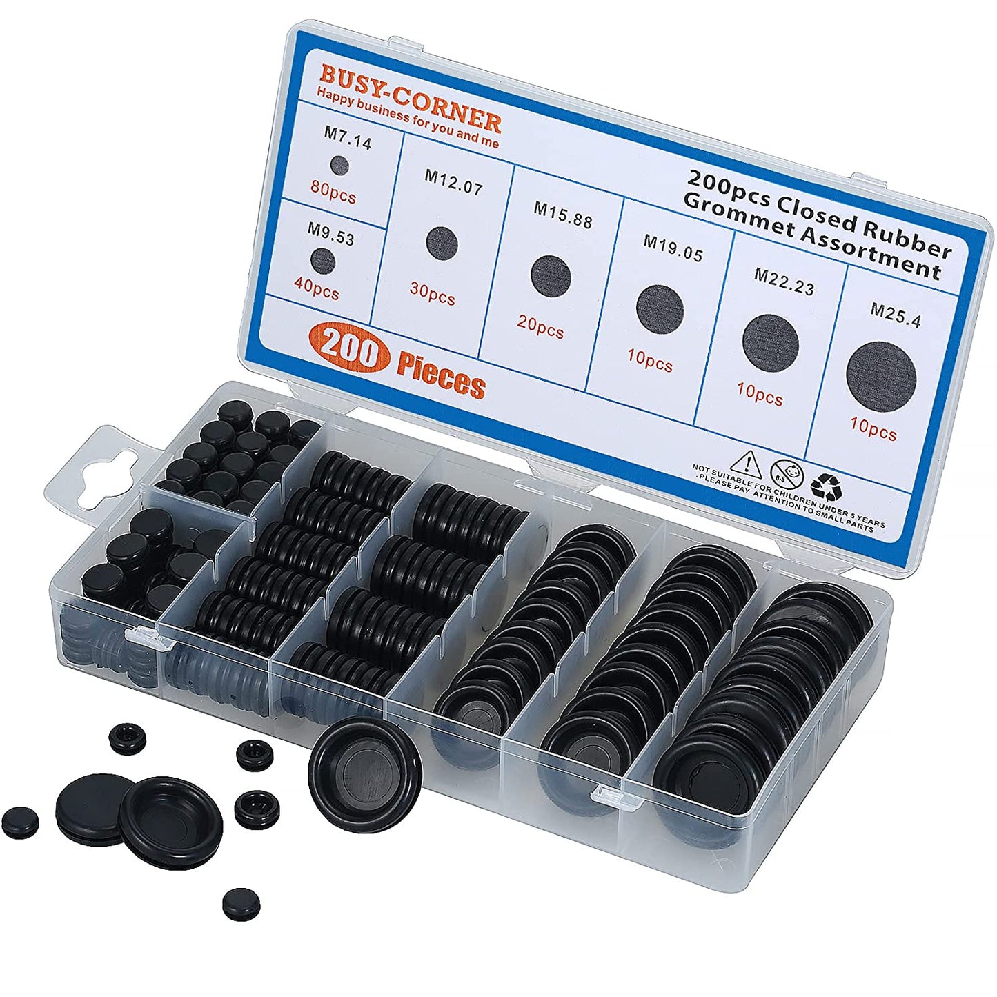 200 Piece Closed Rubber Grommets Assortment, 7 Sizes, black