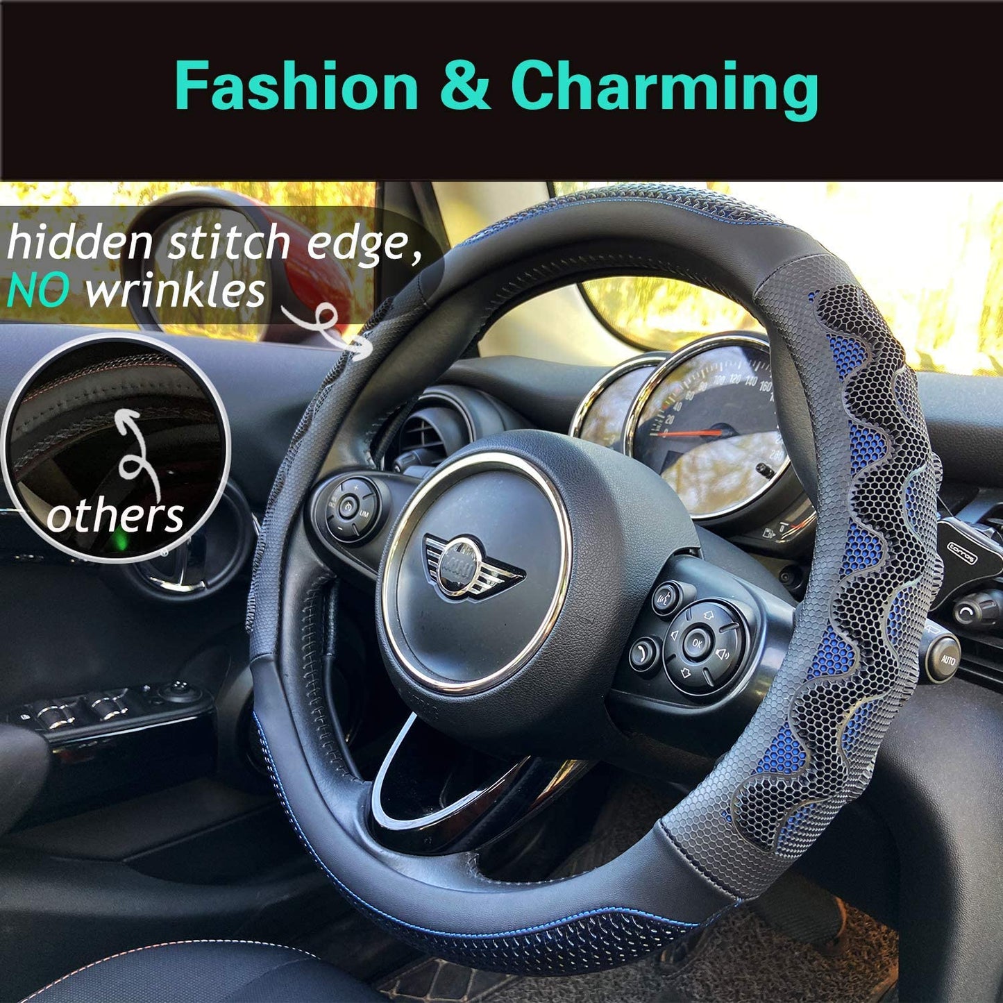 Black Honeycomb High Grip Steering Wheel Cover (Blue)