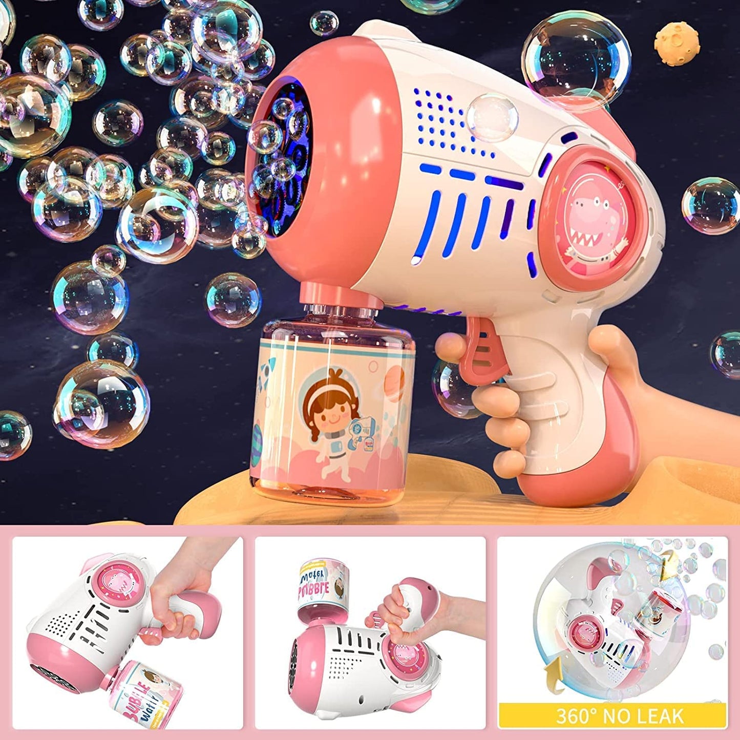 Automatic 360° bubble machine with LED light, 8 holes